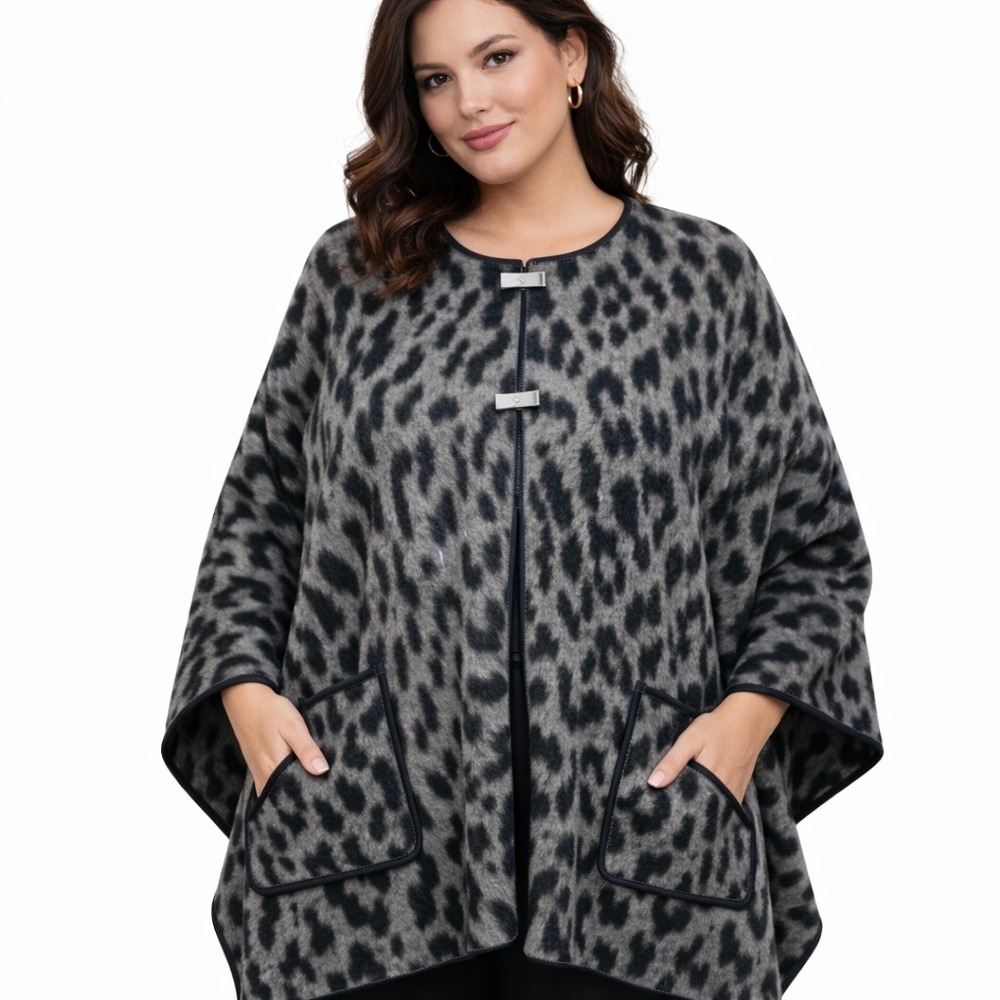 Rafaella 1X‎ Cape Poncho Wool Blend Leopard Animal Print Black Gray